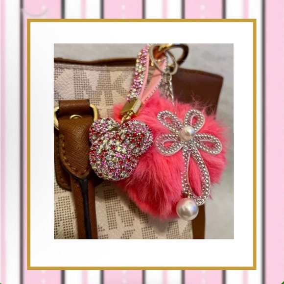 Mickey Rhinestone keychain/pendant & fur ball PINK/SILVER/RED - Picture 2 of 7